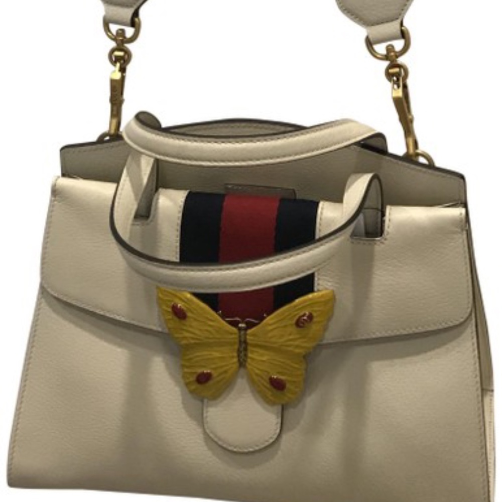 Gucci Medium White Top Handle With Butterfly  & Web Strap Leather Bag